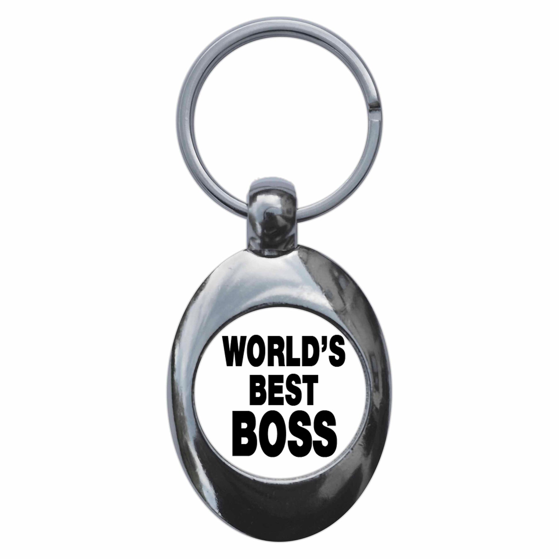 A picture of the front of the product, titled World's Best Boss Metal Keyring With Trolley Coin