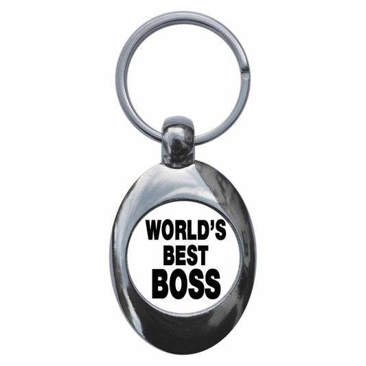A picture of the front of the product, titled World's Best Boss Metal Keyring With Trolley Coin