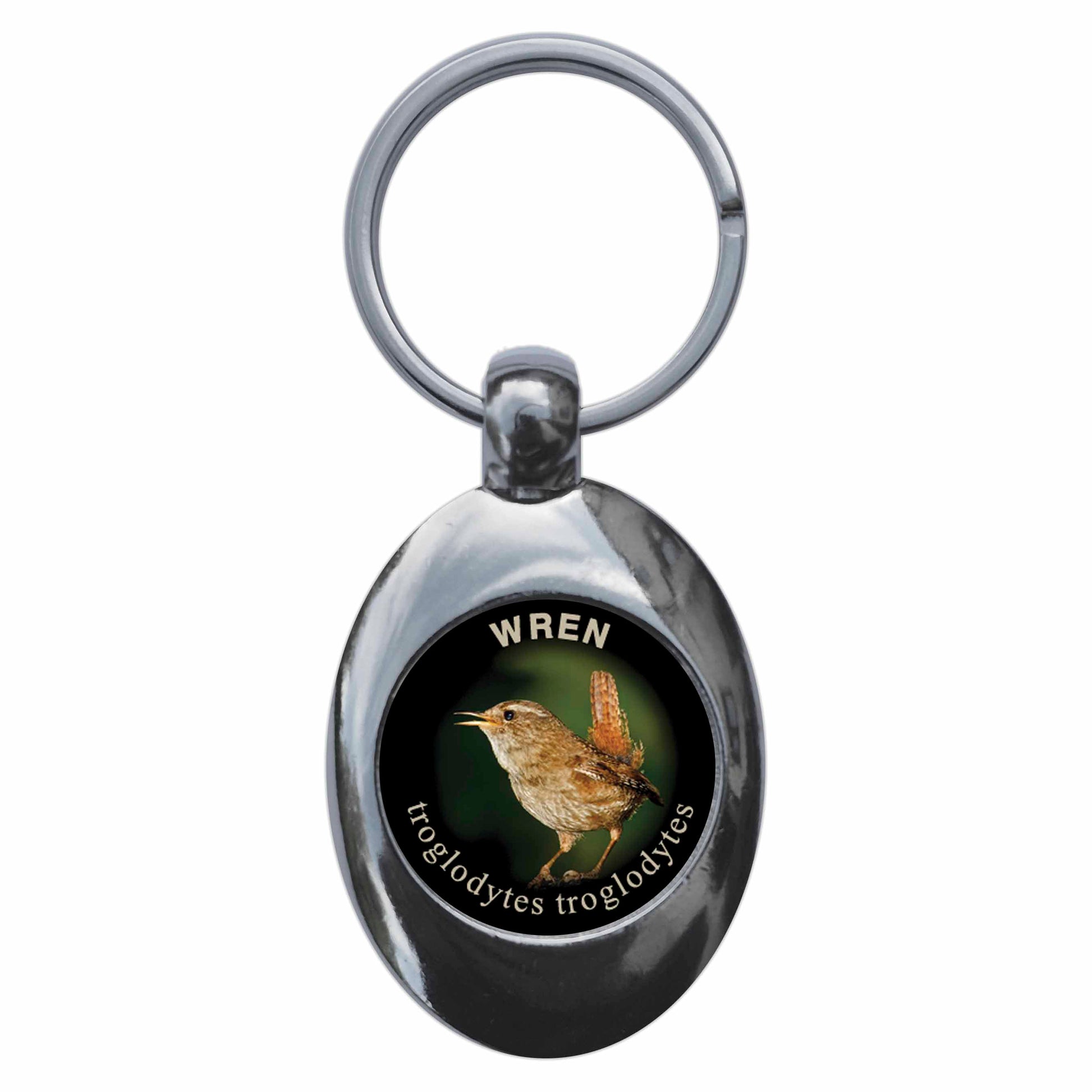 A picture of the front of the product, titled Wren Metal Keyring With Trolley Coin