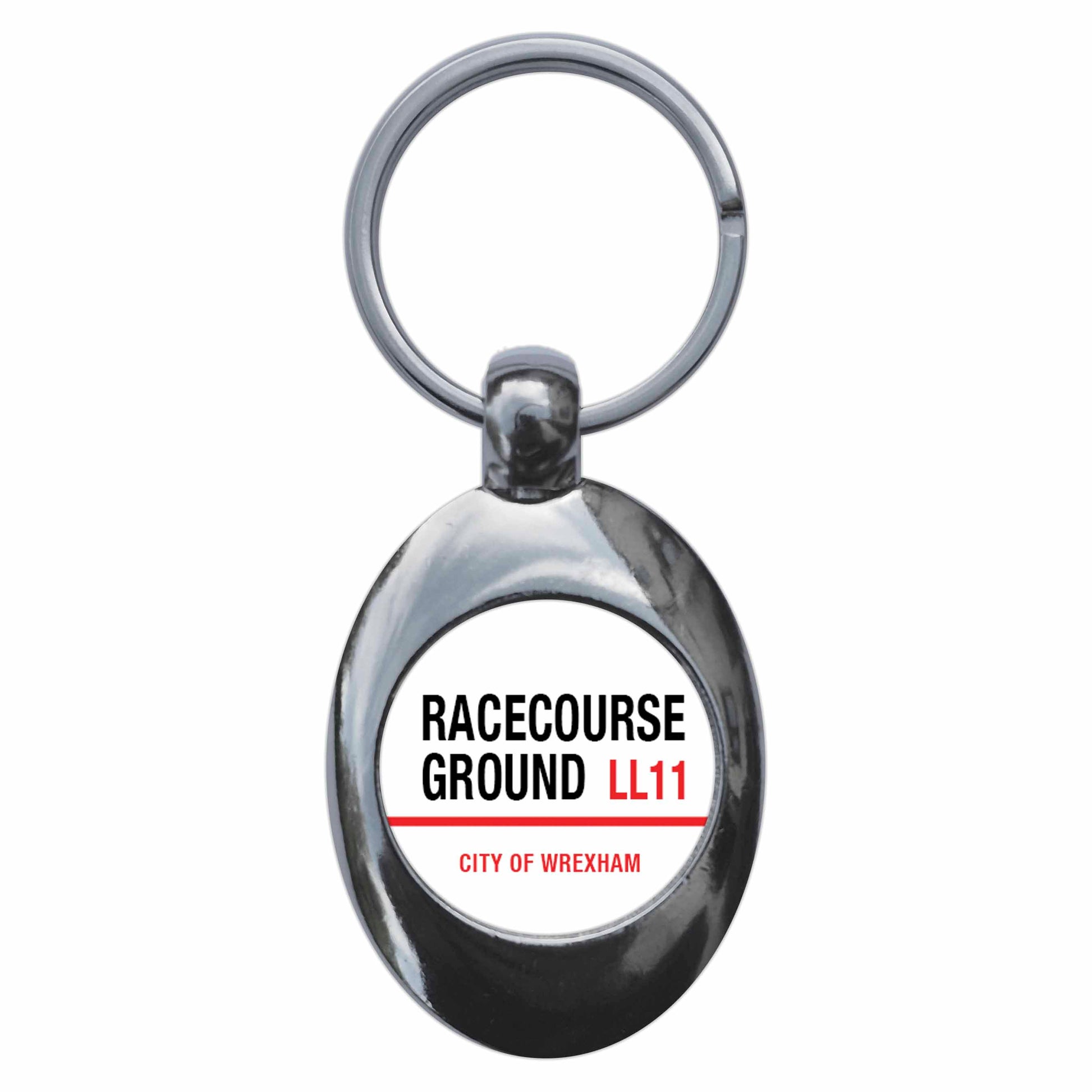 A picture of the front of the product, titled Racecourse Ground LL11 Wrexham Road Sign Metal Keyring With Trolley Coin