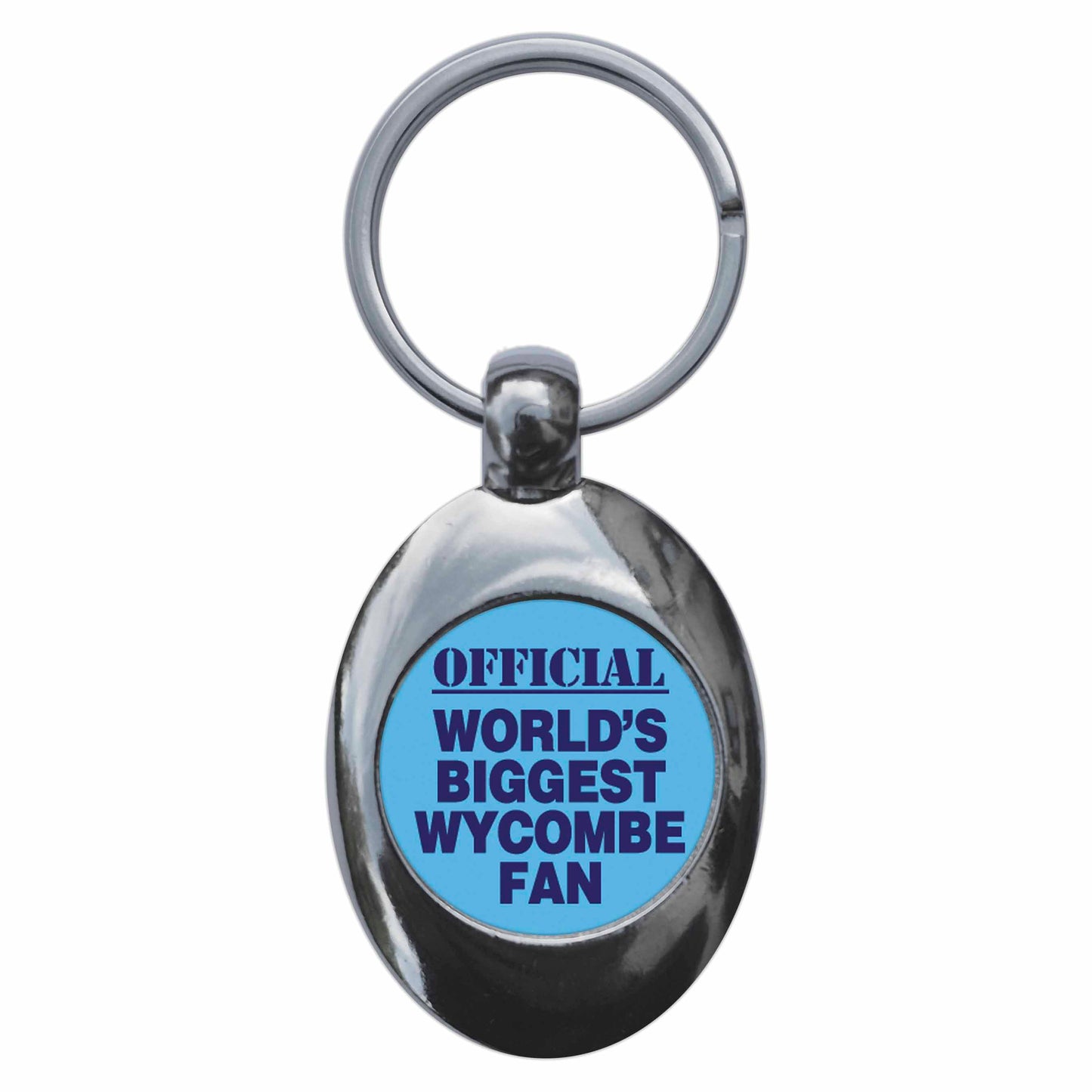 A picture of the front of the product, titled World's Biggest Wycombe Fan Metal Keyring With Trolley Coin