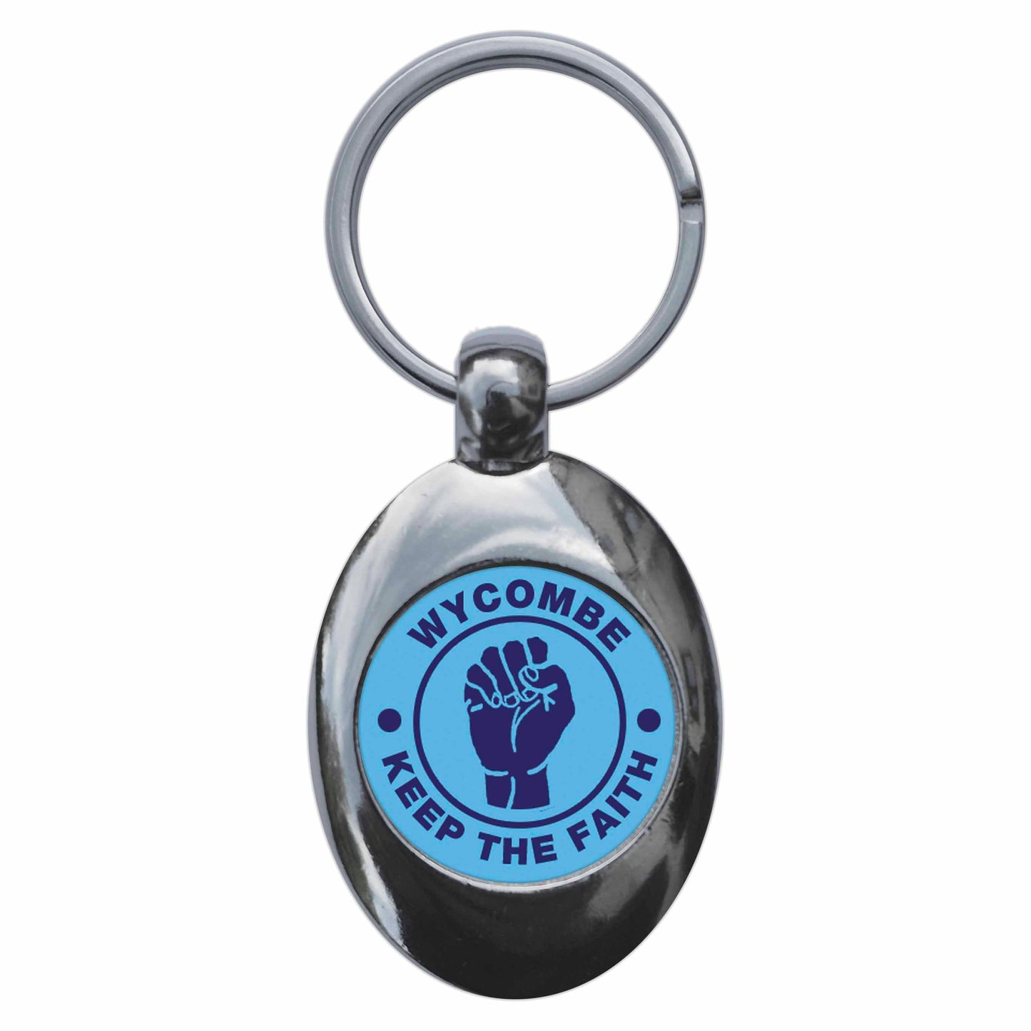 A picture of the front of the product, titled Wycombe Keep The Faith Northern Soul Metal Keyring With Trolley Coin