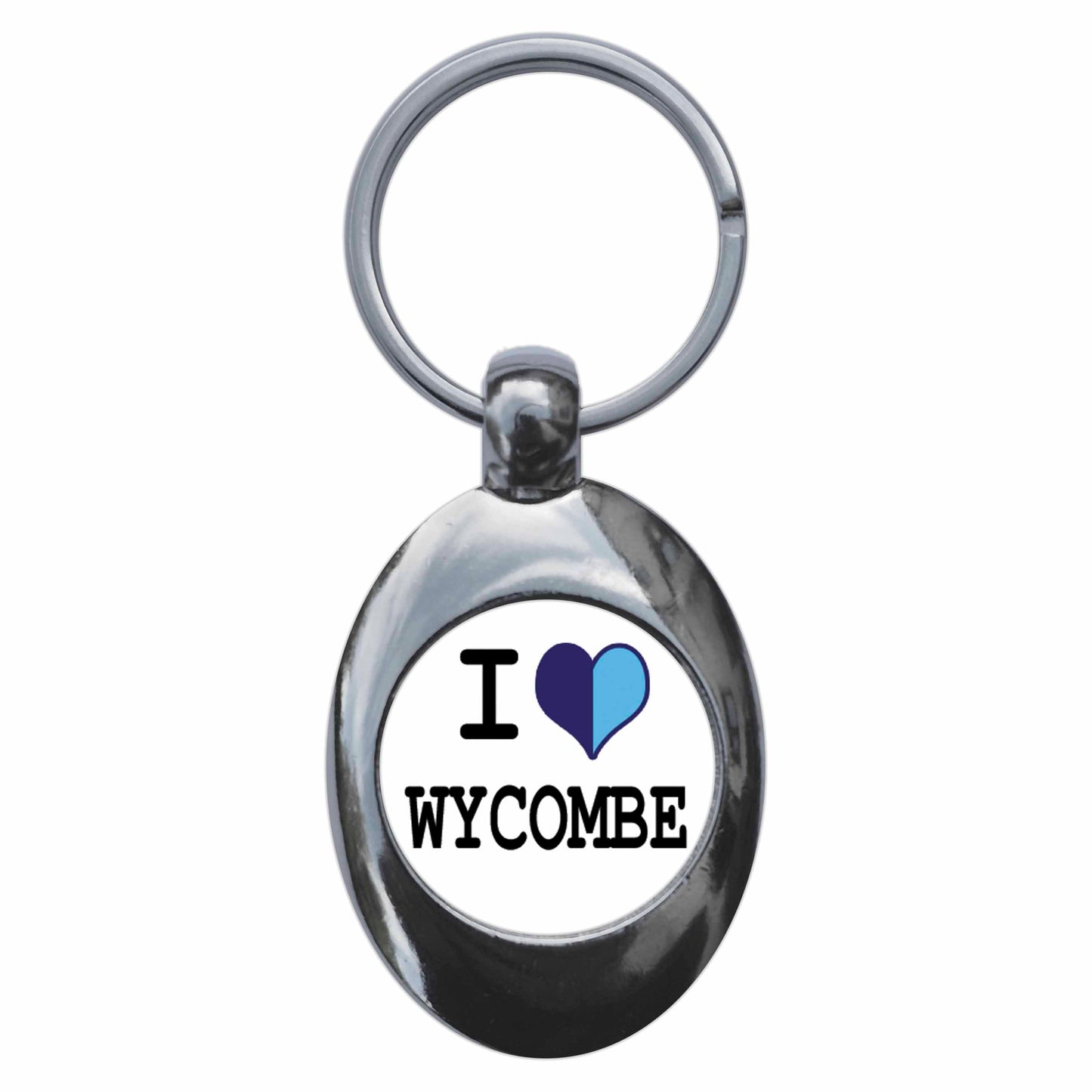 A picture of the front of the product, titled I Heart Love Wycombe Metal Keyring With Trolley Coin