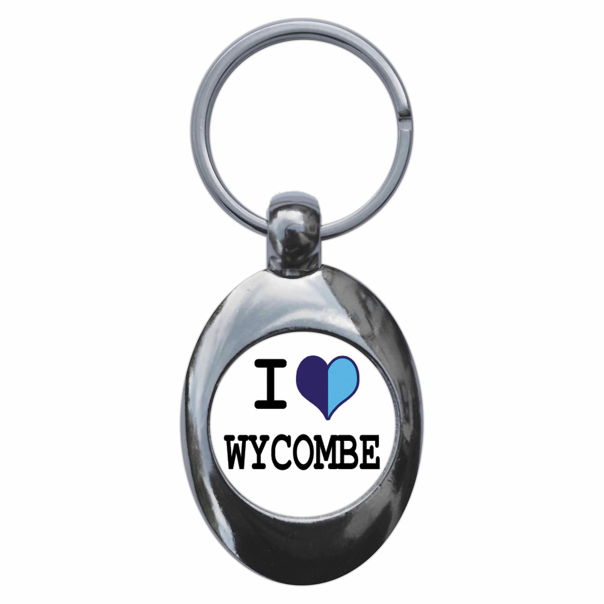 A picture of the front of the product, titled I Heart Love Wycombe Metal Keyring With Trolley Coin