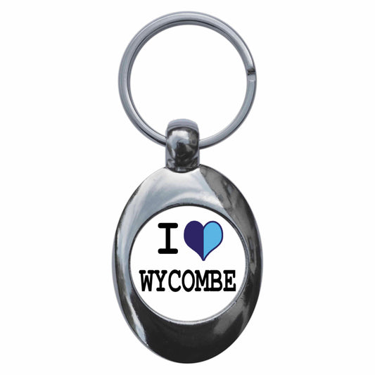 A picture of the front of the product, titled I Heart Love Wycombe Metal Keyring With Trolley Coin