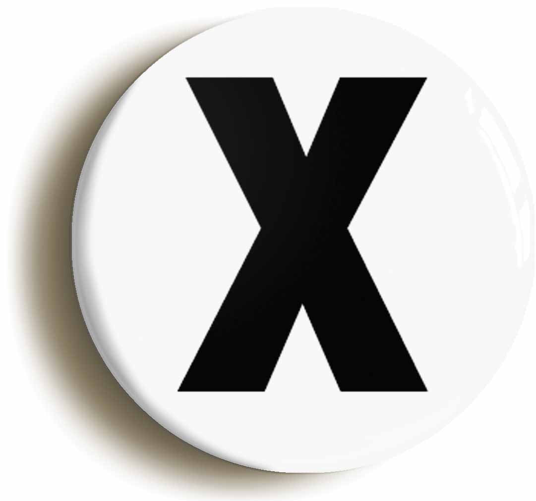 A picture of the front of the product, titled Letter X Button Pin Badge