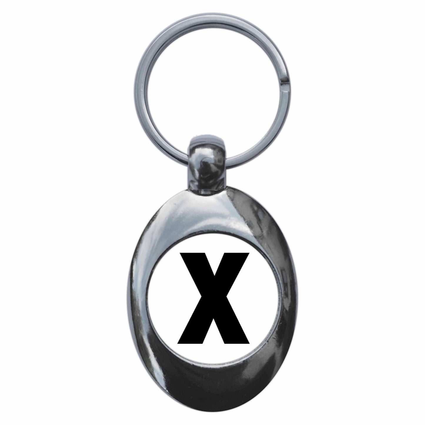 A picture of the front of the product, titled Letter X Metal Keyring With Trolley Coin
