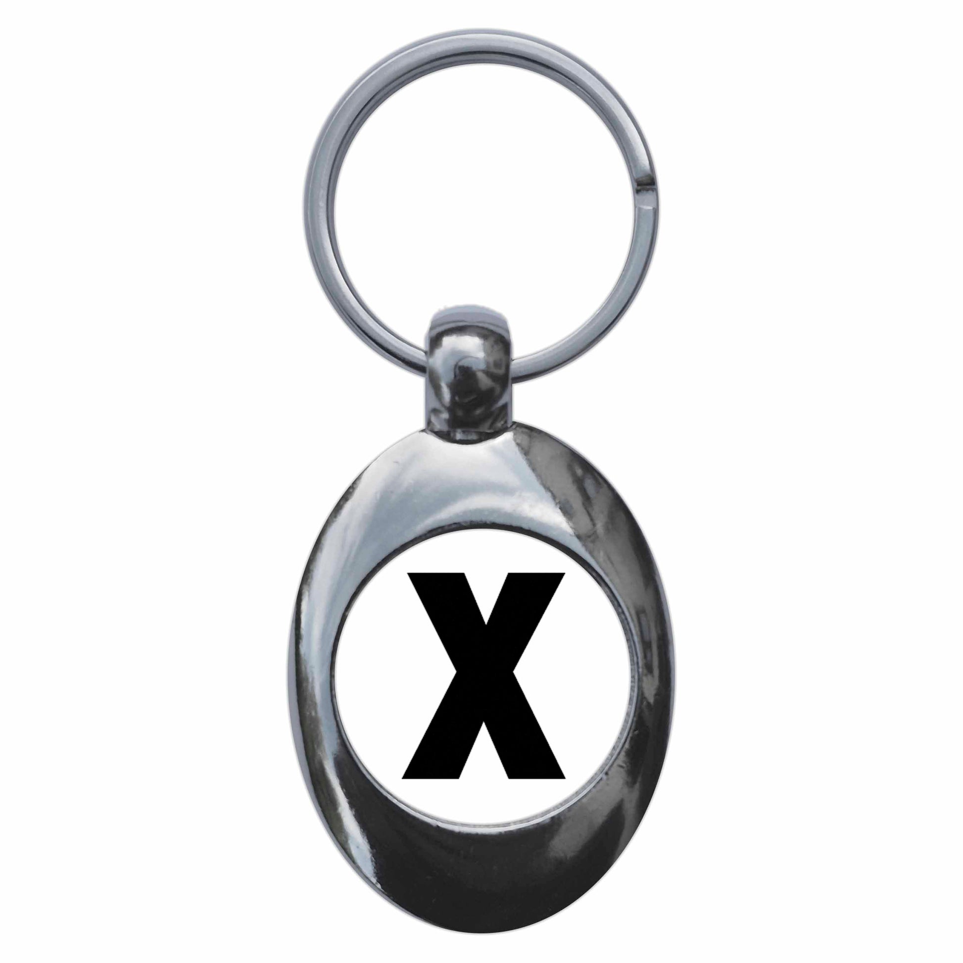 A picture of the front of the product, titled Letter X Metal Keyring With Trolley Coin