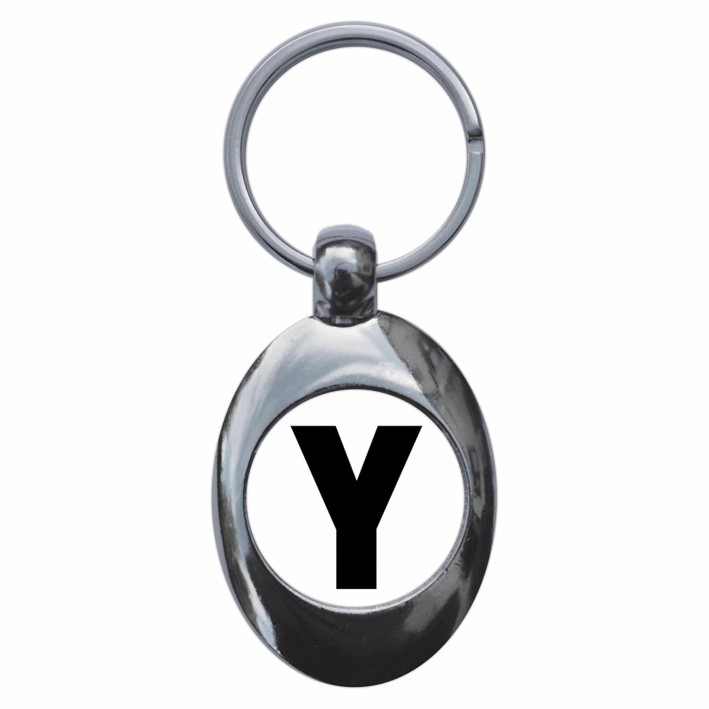 A picture of the front of the product, titled Letter Y Metal Keyring With Trolley Coin