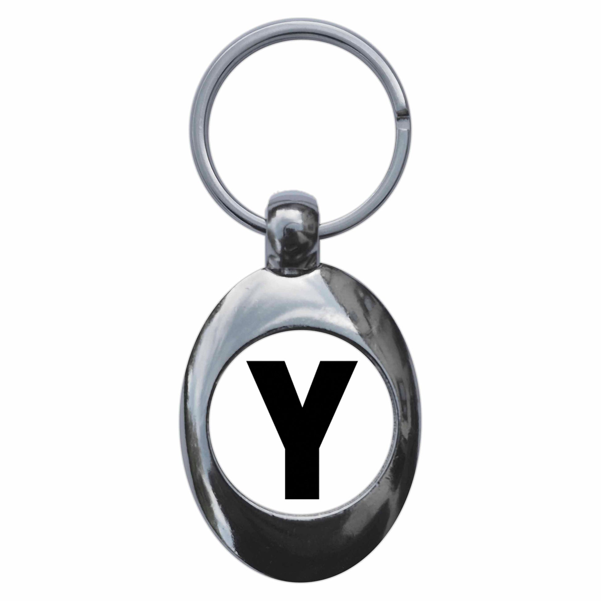 A picture of the front of the product, titled Letter Y Metal Keyring With Trolley Coin