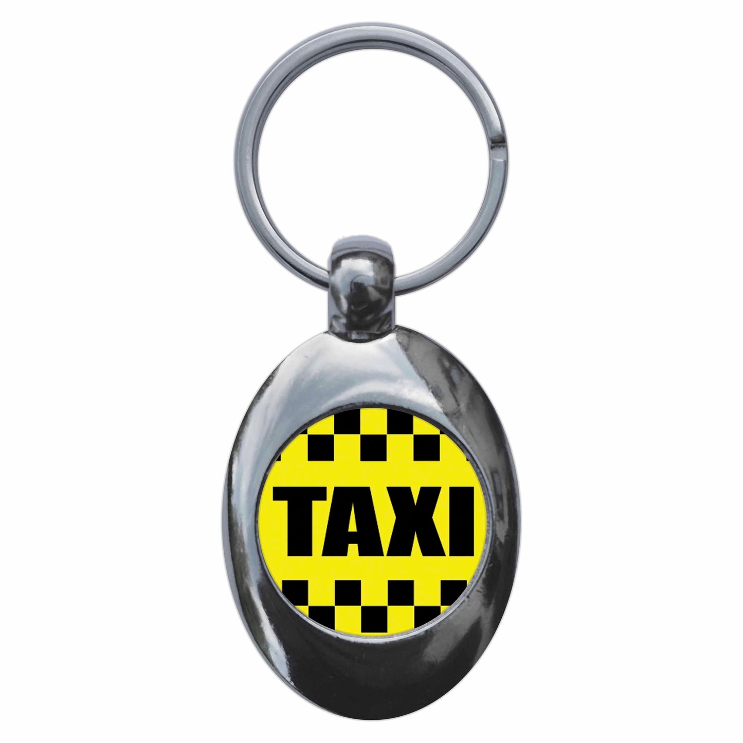 A picture of the front of the product, titled New York Yellow Taxi Metal Keyring With Trolley Coin