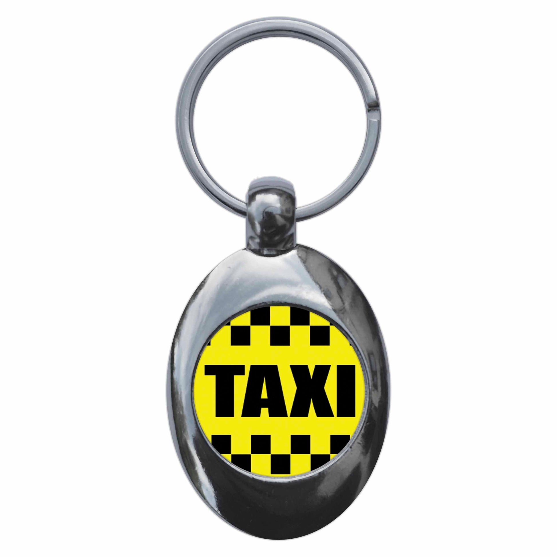 A picture of the front of the product, titled New York Yellow Taxi Metal Keyring With Trolley Coin