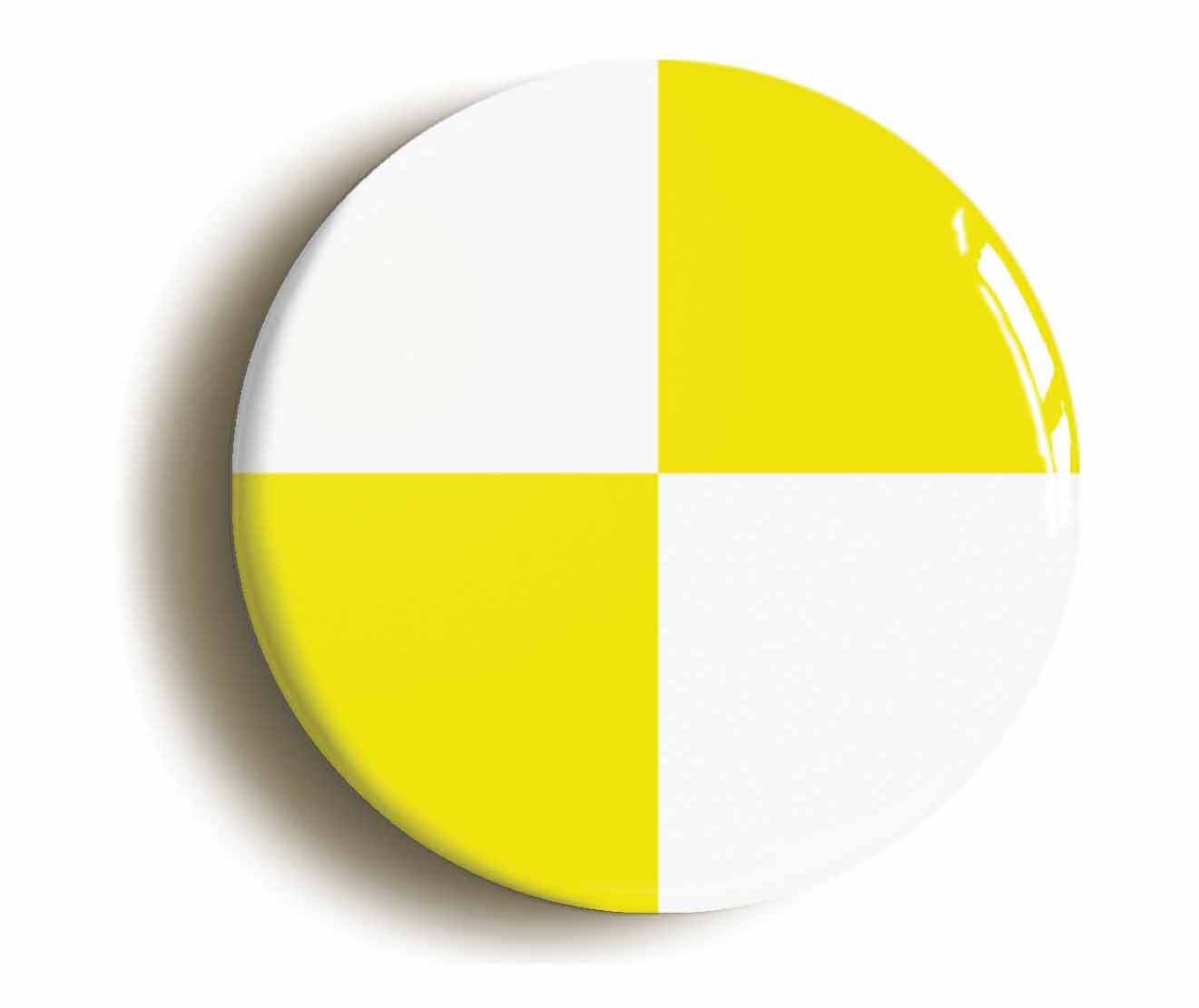A picture of the front of the product, titled Yellow And White Quarters Flag Button Pin Badge