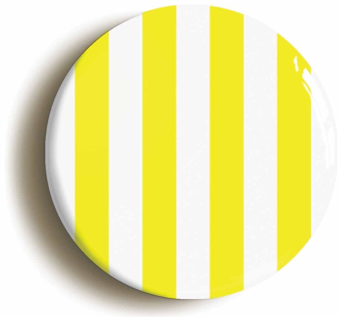A picture of the front of the product, titled Yellow And White Striped Button Pin Badge