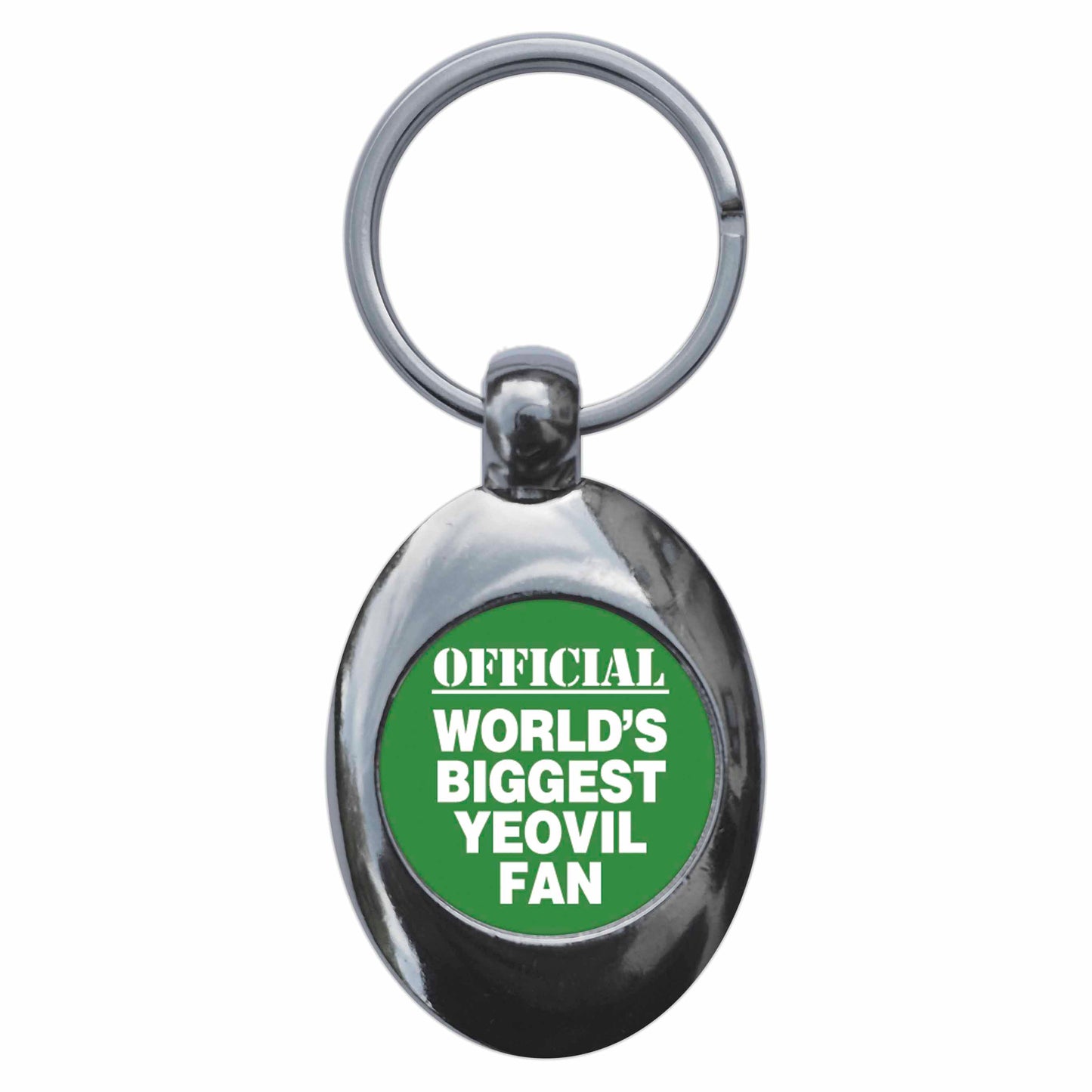 A picture of the front of the product, titled World's Biggest Yeovil Fan Metal Keyring With Trolley Coin