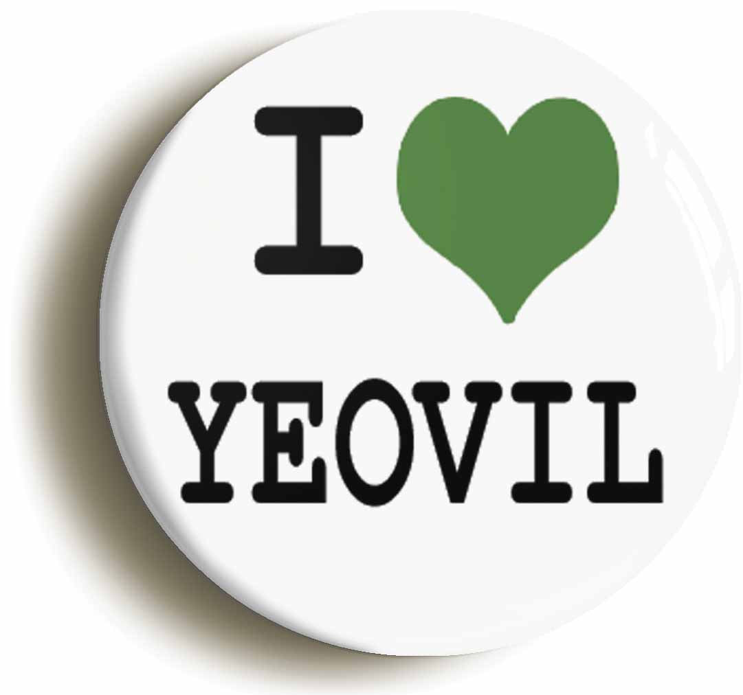 A picture of the front of the product, titled I Heart Love Yeovil Button Pin Badge