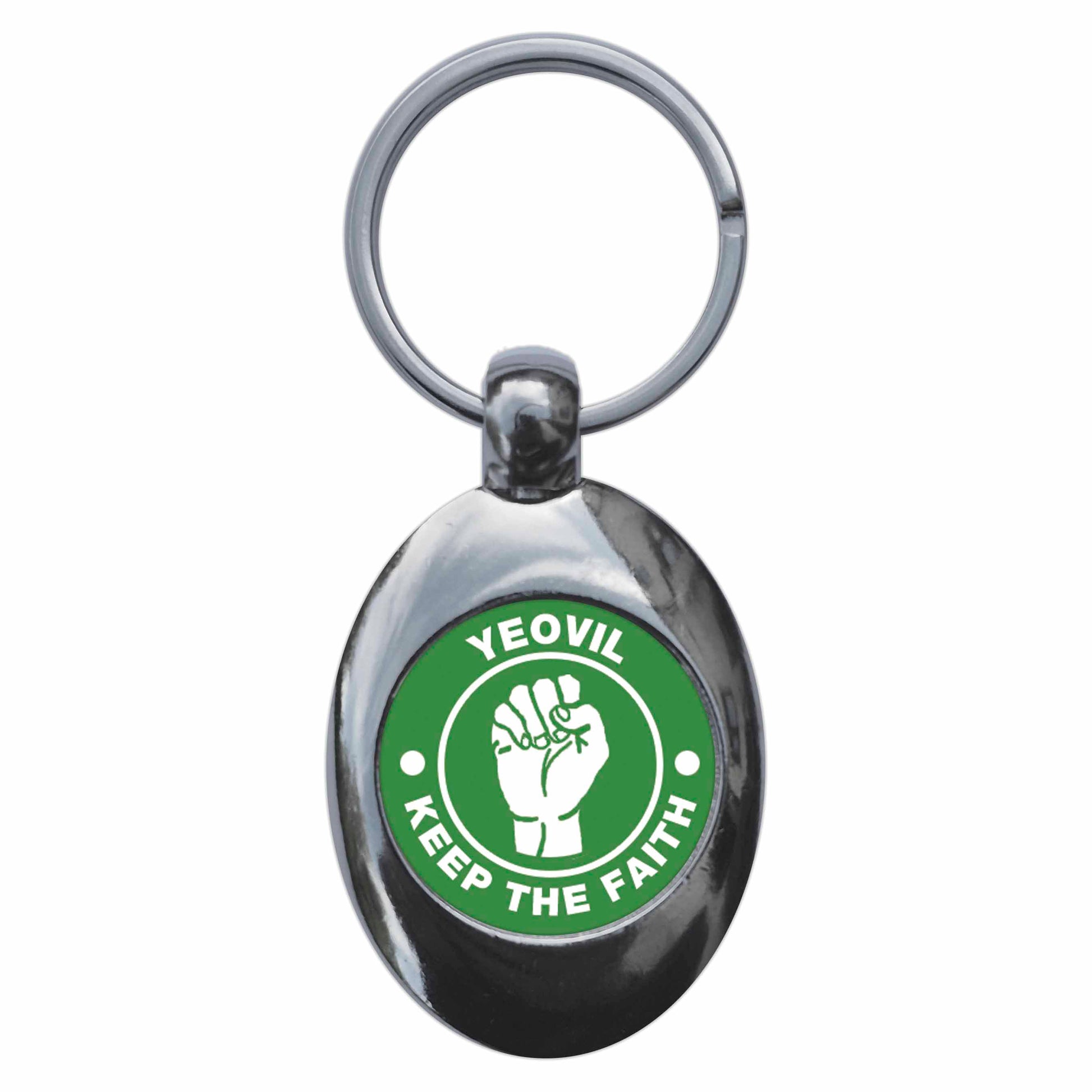 A picture of the front of the product, titled Yeovil Keep The Faith Northern Soul Metal Keyring With Trolley Coin