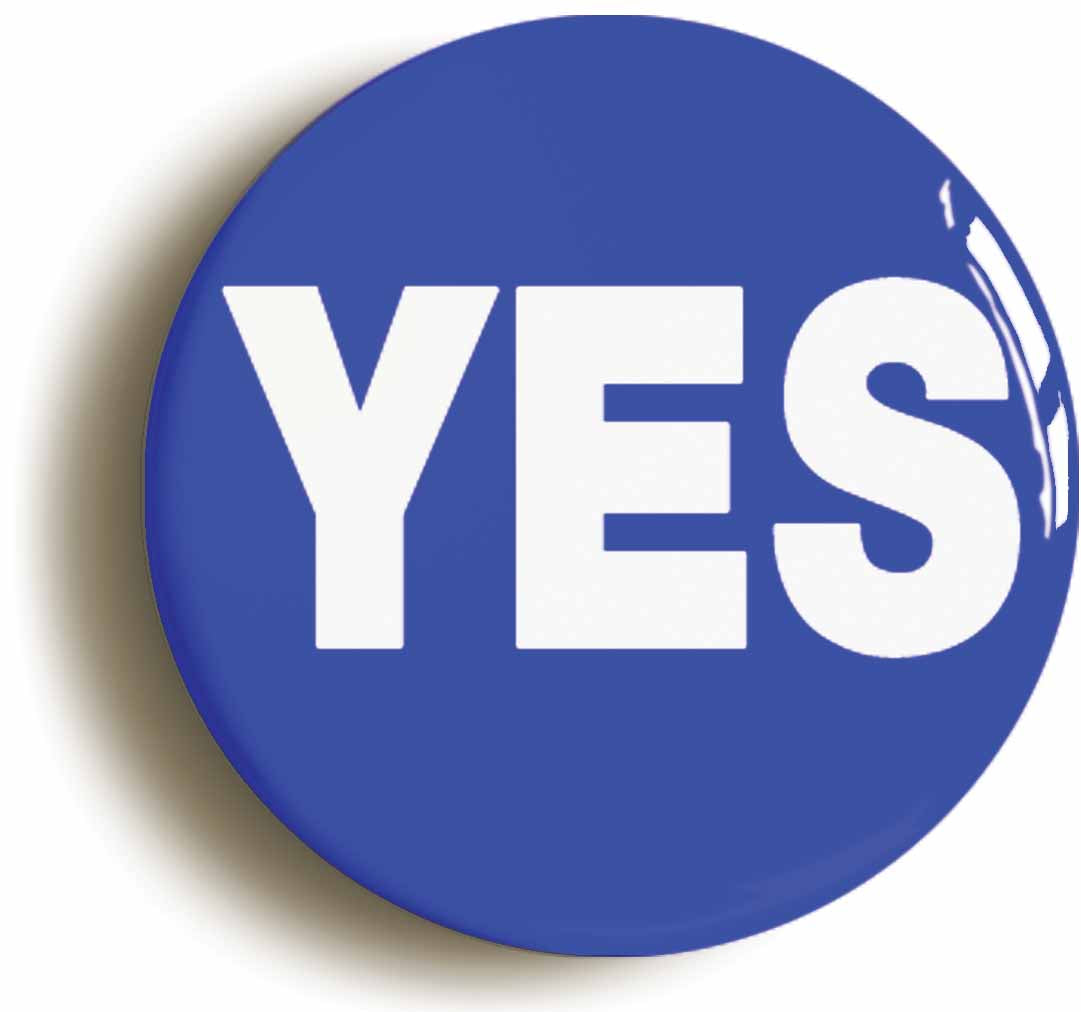 A picture of the front of the product, titled Yes Blue Button Pin Badge