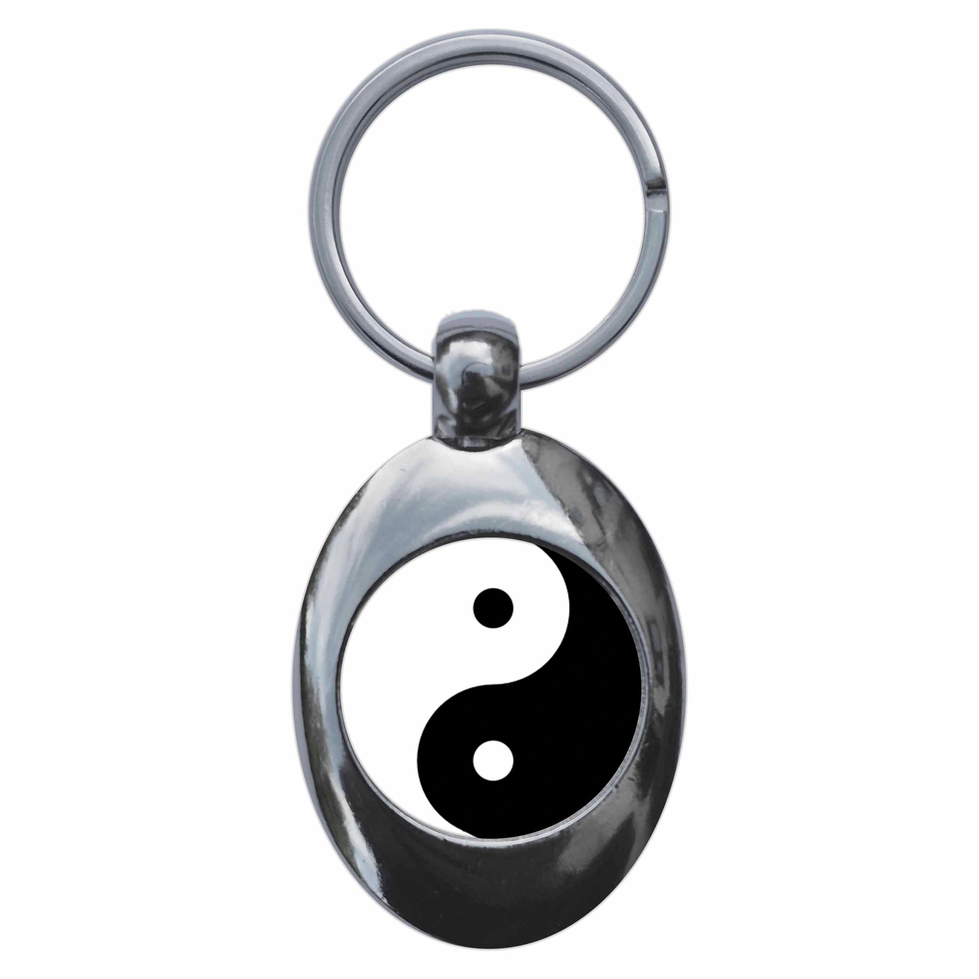 A picture of the front of the product, titled Yin Yang Symbol Chinese Dualism Metal Keyring With Trolley Coin