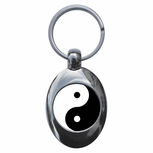 A picture of the front of the product, titled Yin Yang Symbol Chinese Dualism Metal Keyring With Trolley Coin