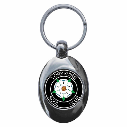 A picture of the front of the product, titled Northern Soul Yorkshire Soul Club Metal Keyring With Trolley Coin