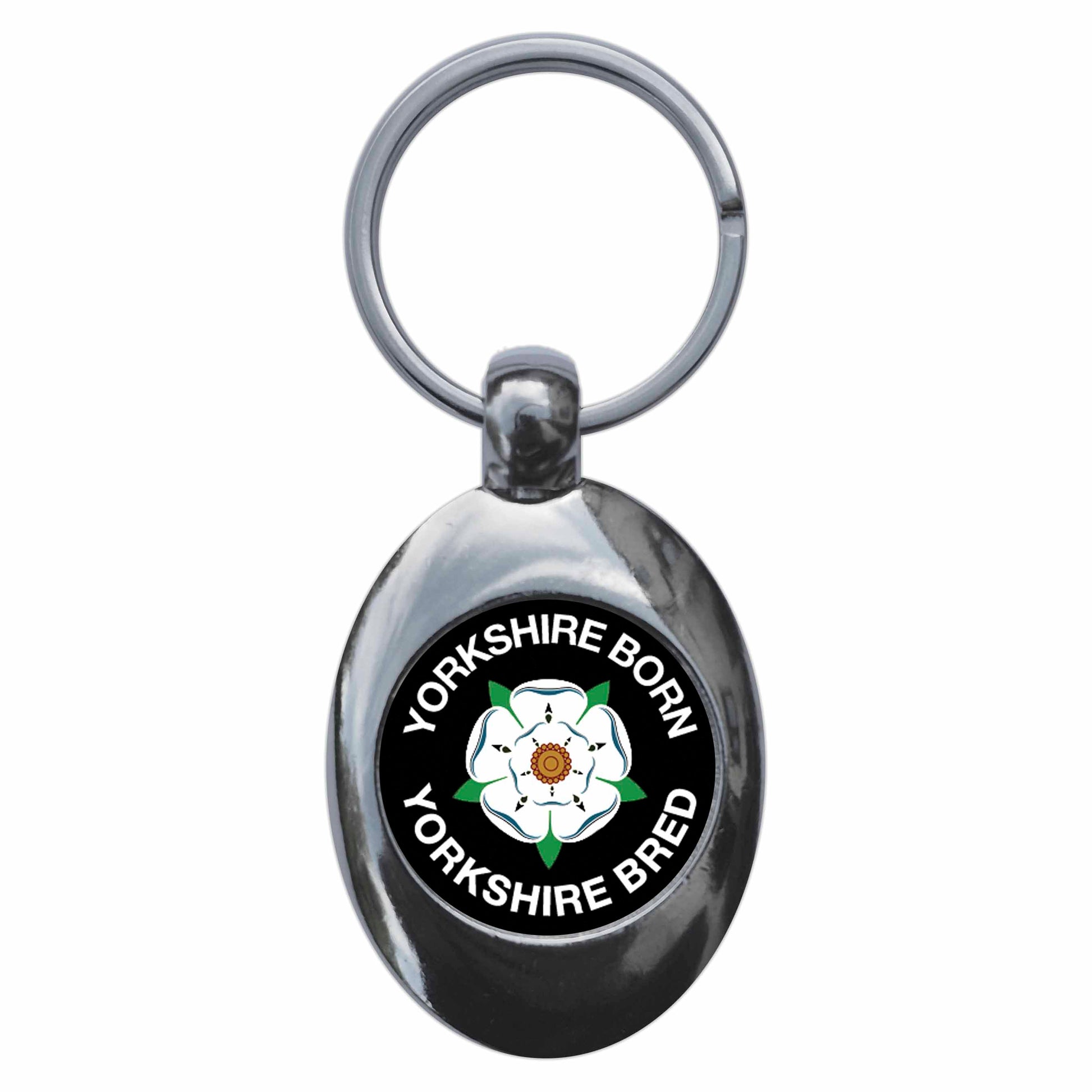 A picture of the front of the product, titled Yorkshire Born Yorkshire Bred White Rose Metal Keyring With Trolley Coin