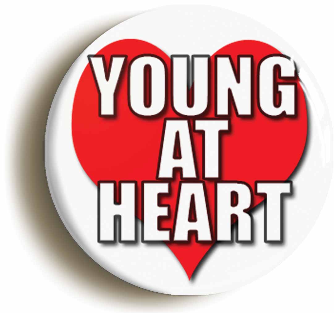 A picture of the front of the product, titled Young At Heart Retirement Gift Button Pin Badge