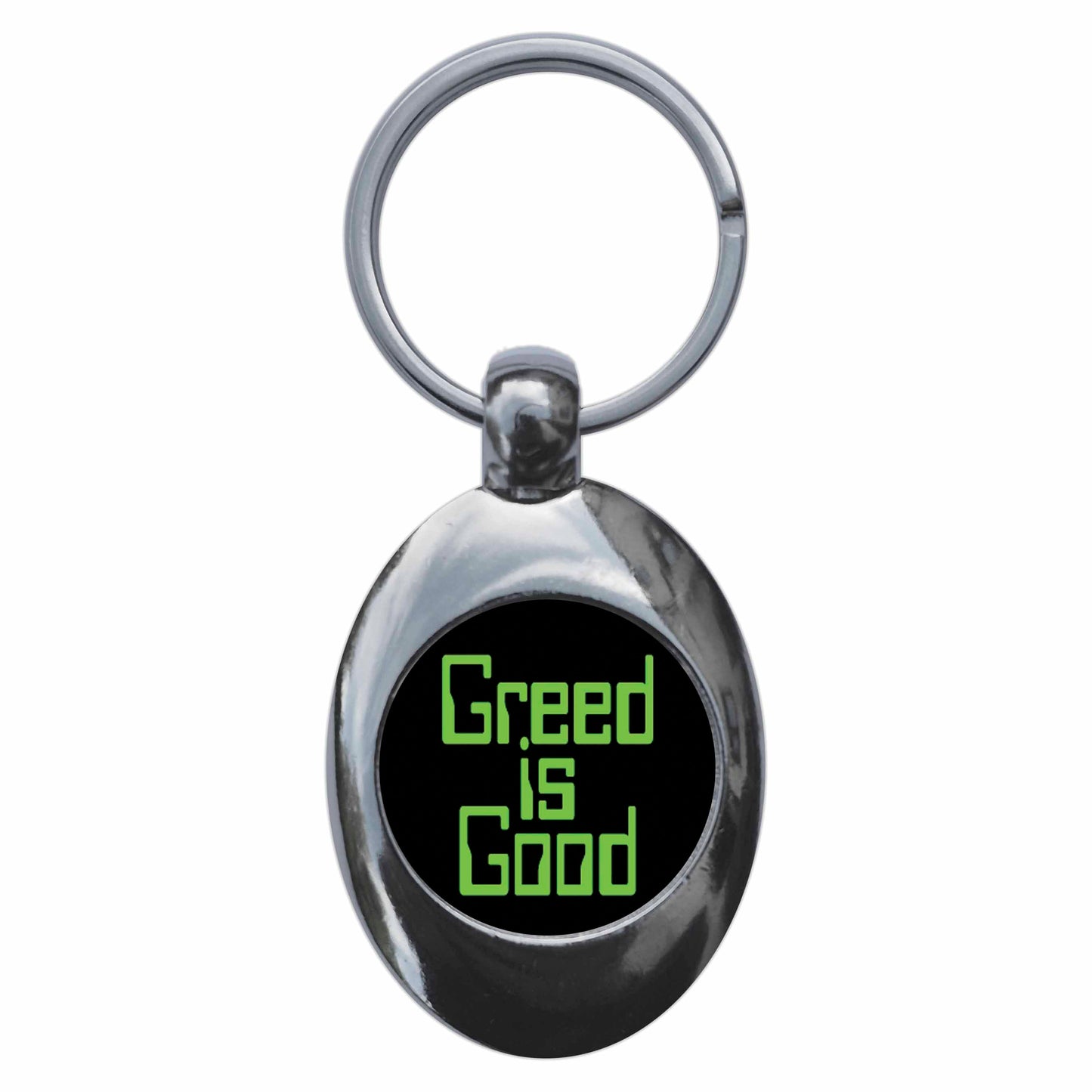 A picture of the front of the product, titled Greed Is Good Metal Keyring With Trolley Coin