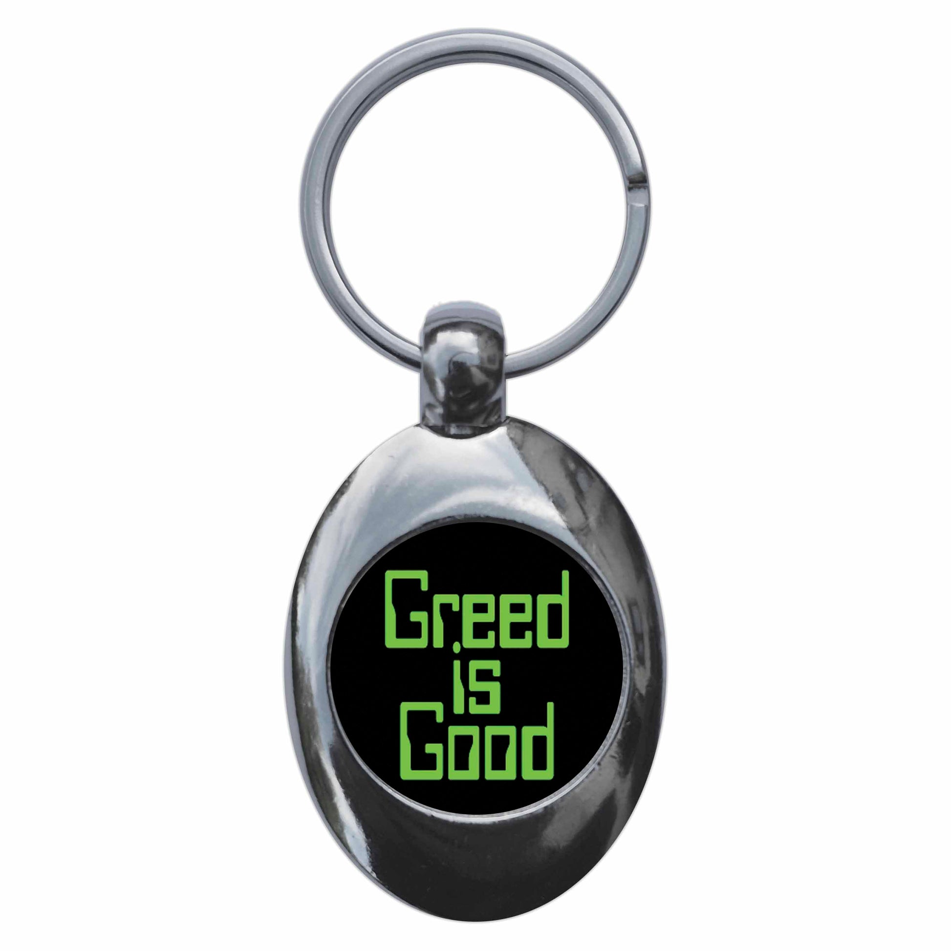 A picture of the front of the product, titled Greed Is Good Metal Keyring With Trolley Coin