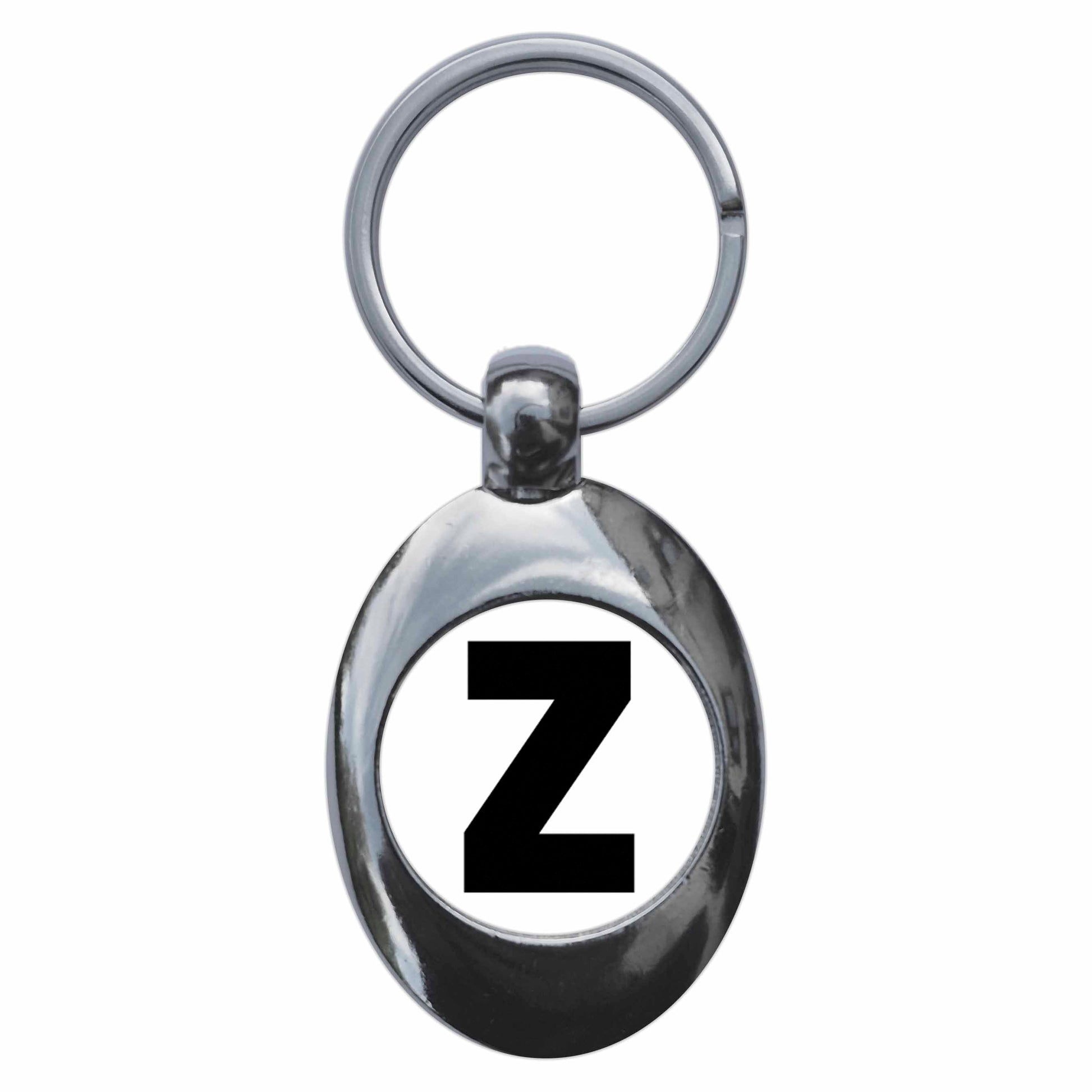 A picture of the front of the product, titled Letter Z Metal Keyring With Trolley Coin