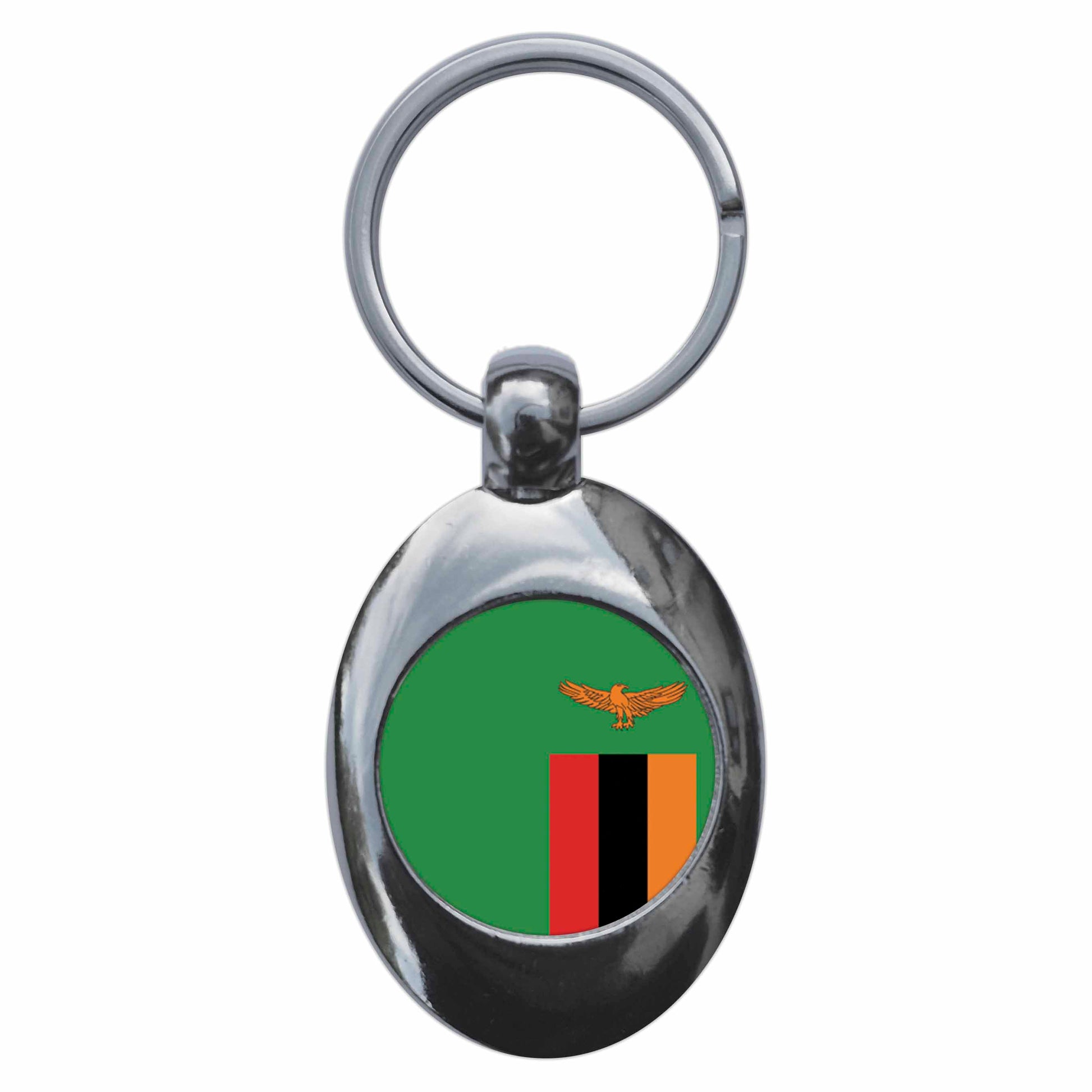 A picture of the front of the product, titled Zambia Zambian National Flag Metal Keyring With Trolley Coin