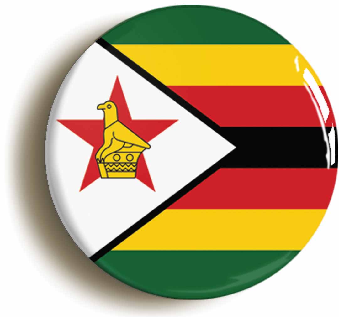 A picture of the front of the product, titled Zimbabwe National Flag Button Pin Badge