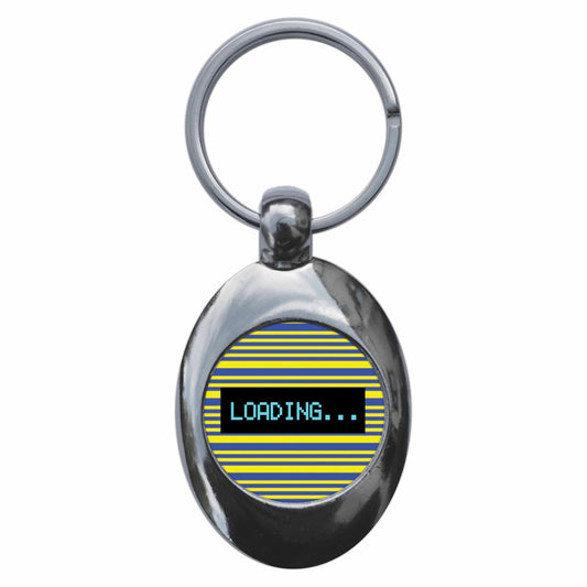 A picture of the front of the product, titled Loading Retro Eighties Computer Metal Keyring With Trolley Coin